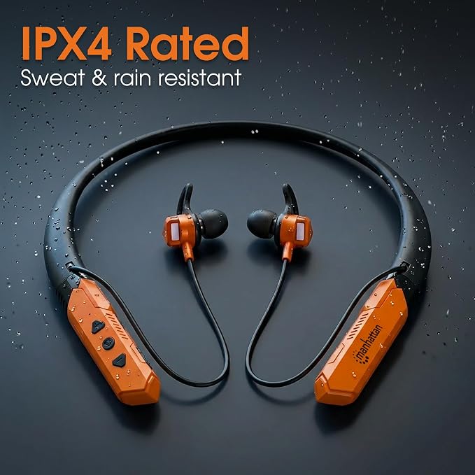 MANHATTAN Bluetooth Wireless Neckband Headphones — Work Earbud Earphones with 15H Playtime, Noise-Isolating, IPX4 Water Resistant, Built-in Mic – for Work, Music, Calls (Black/Orange)