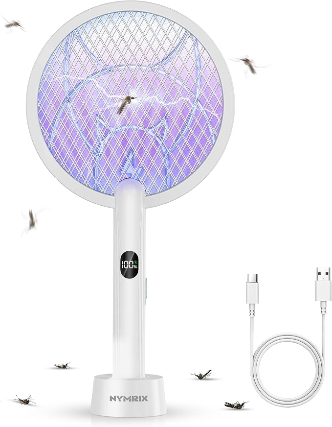 Nymrix Electric Fly Swatter Racket, 2 in 1 Mosquito Bug Zapper 4100V Max Handheld Mosquito Killer with 1800 mAh Rechargeable Battery, Purple Light and 3-Layer Safety Mesh for Indoor Outdoor Grey