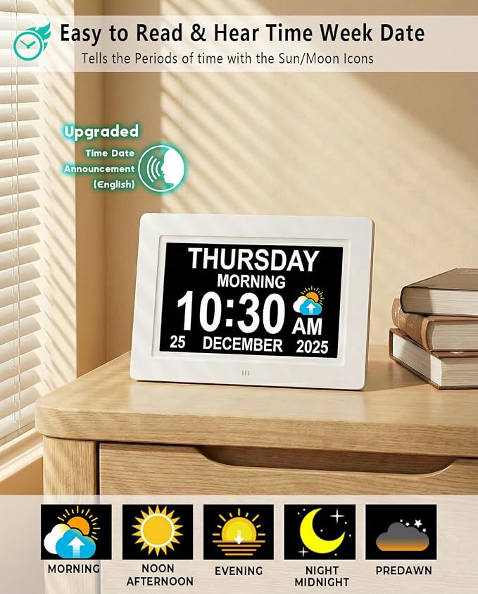 MASSII 27 Alarms Digital Talking Clock with Time Date Announcement, Auto DST, 20 Custom Reminders, 10-Level Dimmer, Sleep Trainer, Large Day Calendar Clock for Elderly Dementia Alzheimers -with Remote