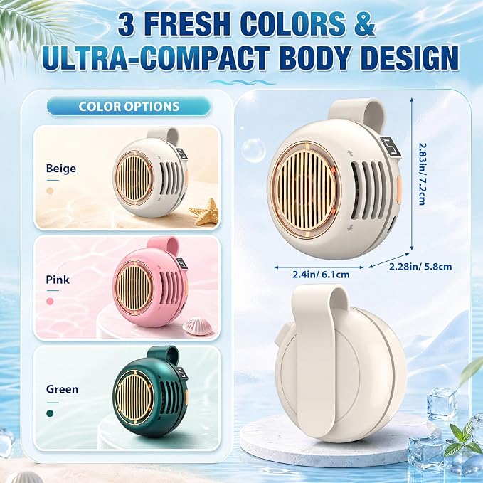 3 Pack Portable Silent Mini Bladeless Fan Clip on 5 Adjustable Speeds Digital Display 360 Rotatable USB Rechargeable Electric Small Fan for Shirt Waist Outdoor Travel(Beige Pink Green)