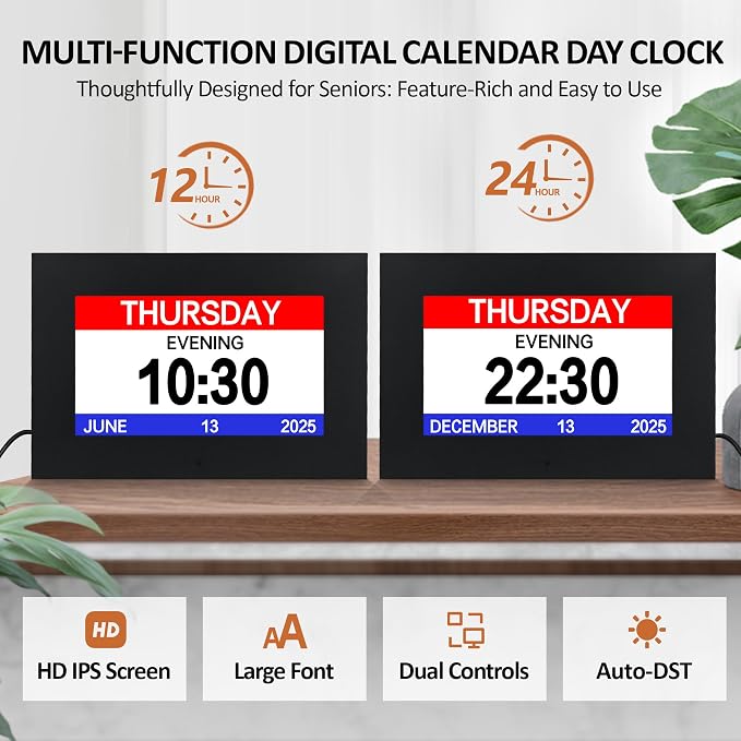 7" Digital Alarm Clock for Seniors, Dementia Clock with Day and Date for Elderly, Digital Calendar Day Clock with 20 Reminders & 20 Alarms, Auto-DST