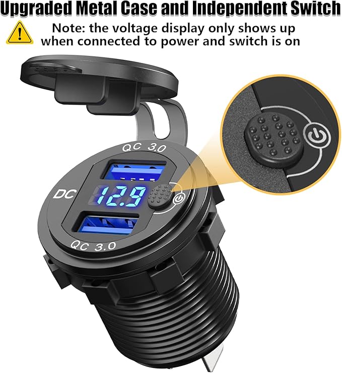 Quick Charge 3.0 Dual 12V USB Car Charger and Cigarette Lighter Socket 12V Splitter with Rocker Toggle Switch