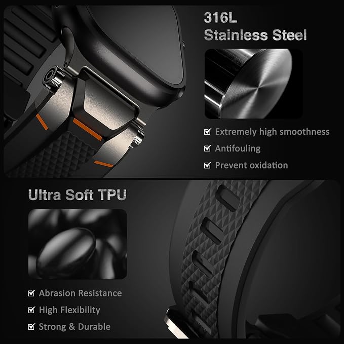 ULTIMAL Rugged Band for Apple Watch Ultra 3/2/1 49mm, Series 11/10/9/8/7/6/5/4 SE 46mm/45mm/44mm, Waterproof, Soft TPU Strap with Stainless Steel Buckle & Connectors, Sweat-Resistant, Easy to Clean, Fits 155-225mm Wrist (Black/Gray)
