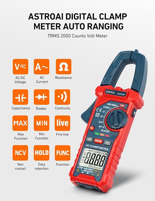AstroAI Digital Clamp Meter Multimeter 2000 Counts Amp Voltage Tester Auto-ranging with AC/DC Voltage, AC Current, Resistance, Capacitance, Continuity, Live Wire Test, NCV, Blue (Pack of 2)