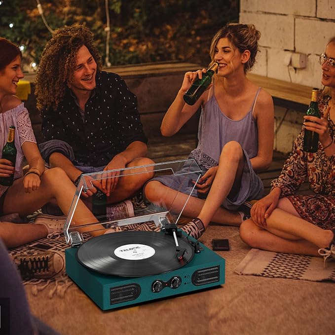 Vinyl Record Player with Built-in Speakers 3-Speed Vintage Record Player Support Treble& Bass Control, 3.5mm Headphone Jack, RCA-Out/Aux in, Belt-Driven LP Turntable,Dark Green