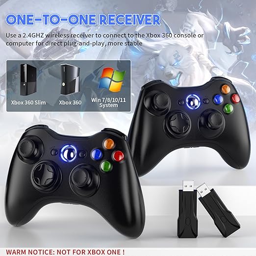 Gamrombo 2 Pack Replacement for Xbox 360 Controller, Compatible with 360 & Slim, Windows PC, Support Dual Shock, 2.5mm Audio Jack, with USB Extension Cable and USB Dongle [microsoft_xbox_360]