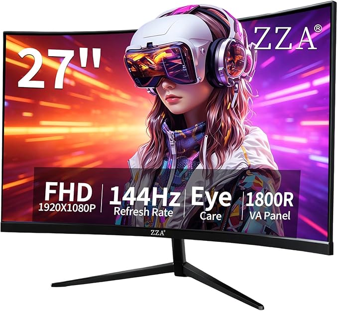 ZZA 27 Inch Curved Gaming Monitor 144Hz-1080P FHD Computer Monitor,VESA Mount,HDMI/VGA Ports,Tilt Adjustable-Black