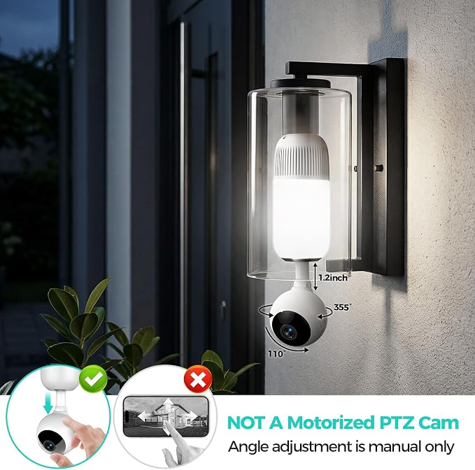 2K Light Bulb Security Cameras Outdoor Indoor - 355° Manual Pan / 110° Tilt Light Bulb Camera Wireless for Home Security with Color Night Vision, Motion Detection, SD/Cloud Storage, 2-Way Audio, Siren