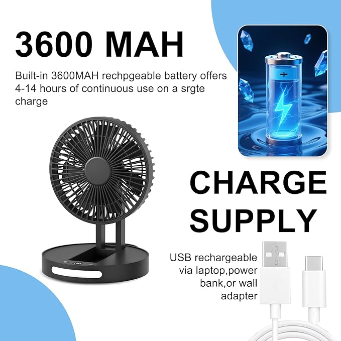 Qoqooice Portable Fan, 3600 mAh Rechargeable Battery Operated Fan with 5 Speeds, USB Powered, Quiet Personal Desk Fan for Office Home, Outdoor, Camping, Travel (Black)