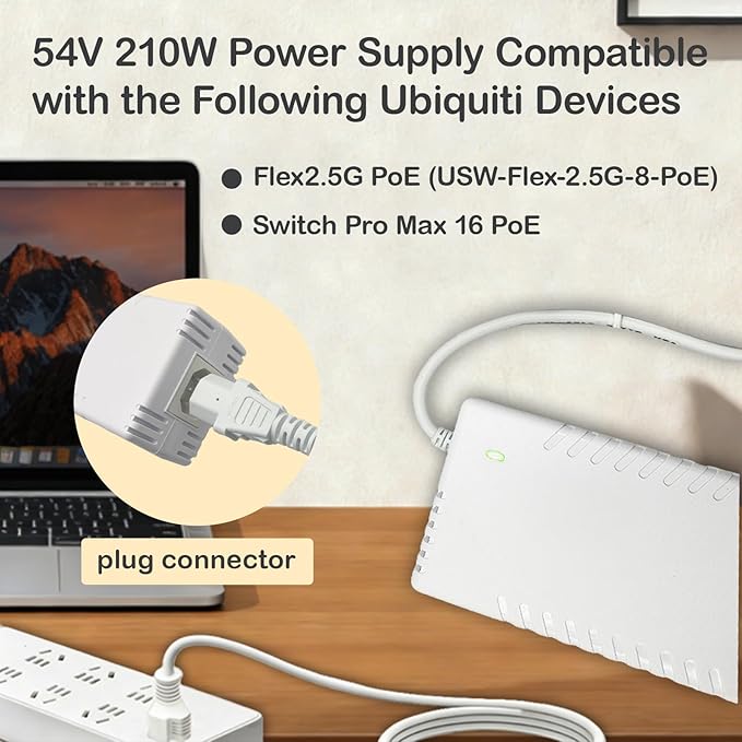 54V Power Adapter Compatible for UniFi XG 6 PoE US-XG-6POE USW-Ultra-210W 6 8 Port Switch ADS-210NX-48-1 540210E ADS-210NX-48-1540210E Replacement White 210W Power Supply Cord Charger