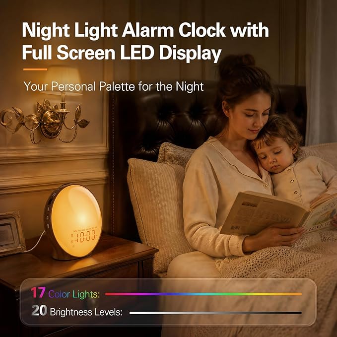 JALL Full-Screen Wake Up Light Sunrise Alarm Clocks for Bedrooms, White Noise Machine for Heavy Sleepers & Kids, 25 Natural Sounds, Dual Alarms, FM Radio, 17 Dimmable Colors, Bluetooth Speaker