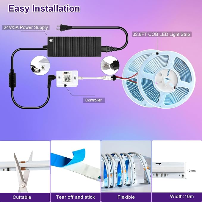 COB Led Light Strip RGB Smart IC Addressable 32.8FT, 24V Led Tape Lights with WiFi Bluetooth APP Remote Control, 10mm Width Flexible Color Chasing Light for TV Backlight Bedroom Party