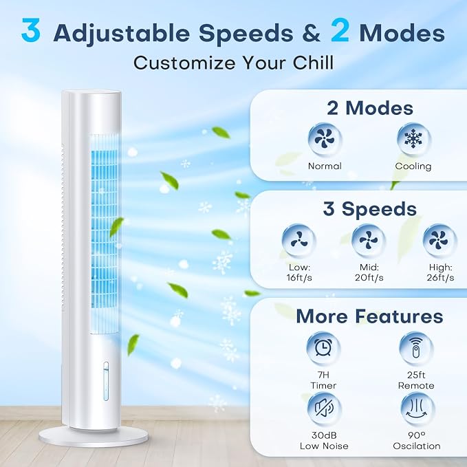 Evaporative Air Cooler, 35" Windowless Air Conditioner Portable, 3 Speeds, 1.2L Water Tank, 3 Ice Packs, 20ft Remote, 7H Timer, No Hose No Window Needed,70° Oscillating Portable AC Unit for Room