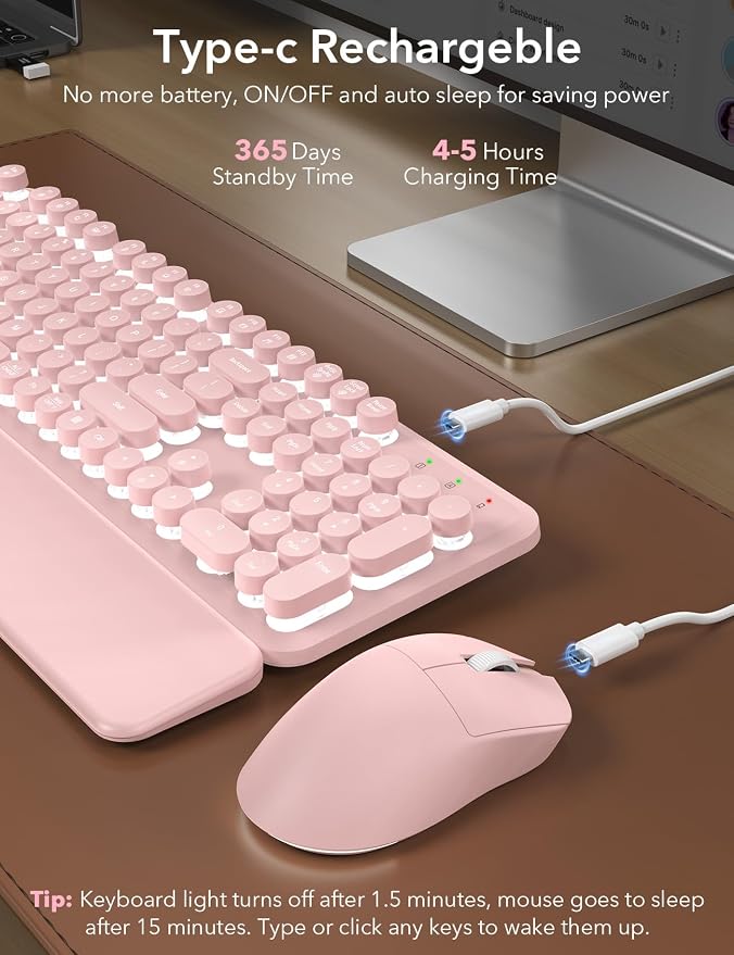 Wireless Keyboard and Mouse Backlit - Pink Typewriter Keyboard with Magnetic Wrist Rest, Retro Round Keycaps, Light Up Letters, 2.4GHz Cordless Combo for Windows, PC, Laptop, Trueque [Upgraded]