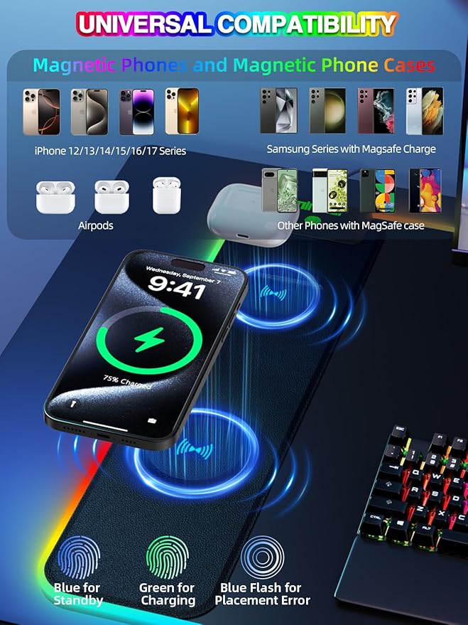 RGB Desk Mat with 15W Fast Charging, Mouse Pad Wireless Charging Large Gaming Mousepad for Desk Pad Waterproof Non-Slip
