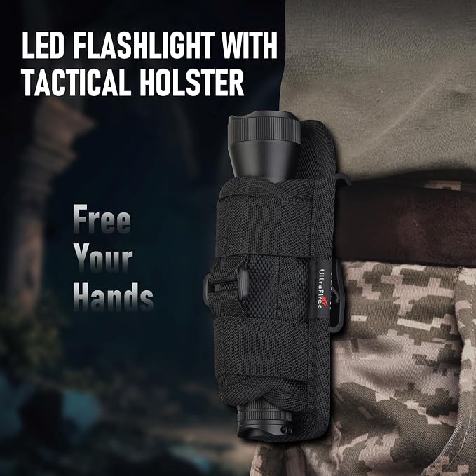 ULTRAFIRE Tactical Flashlight with Holster, 1350 High Lumens Law Enforcement & Police Flashlight, Rechargeable Bright Zoomable LED Flash Light with Duty Belt Holster E5