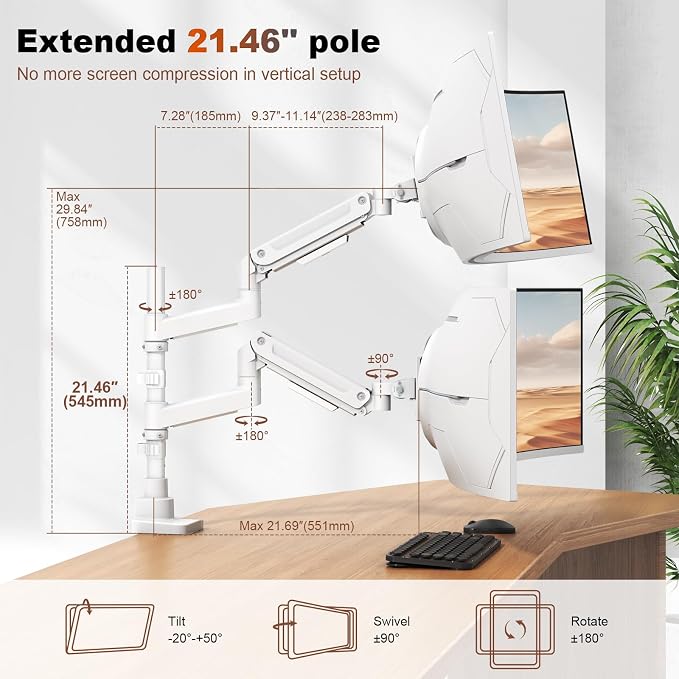 Dual Monitor-Arm Heavy-Duty for 17-49-inch Screens - Vertical Stacked Dual Monitor Mount Stand for Ultrawide Screens up to 44lbs, Aluminum,Full Motion, VESA 75/100 mm, White