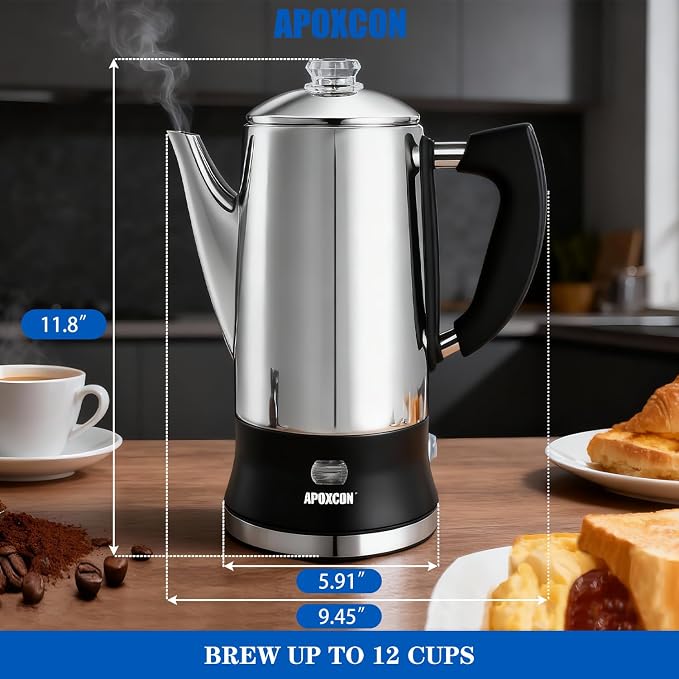 APOXCON Electric Coffee Percolator, Stainless Steel, with Glass Knob, Automatic Keep Warm, Cordless Serve,12 Cup