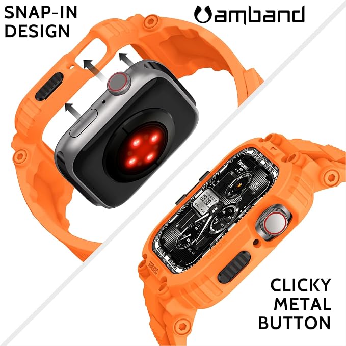 amBand Bands Compatible with Apple Watch 9/8/7 45mm, M1 Sport Series Rugged Case with TPU Strap Military Protective Tough Cover Bumper for iWatch SE3/SE2/SE/6/5/4 44mm Men Orange