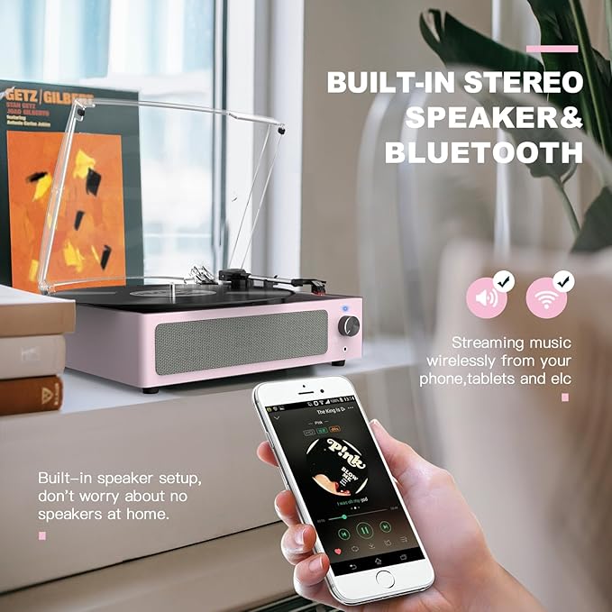 Record Players for Vinyls Turntable with Speakers Belt-Driven Turn Tables LP Phonograph Support 3-Speed Full Size Bluetooth Wireless Playback Headphone AUX RCA Line New Sleek Pale Light Pink