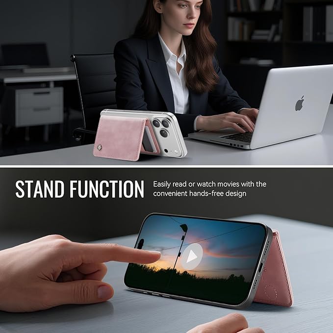 Slim PU Leather RFID Magnetic Wallet for Men and Women, Minimalist Magnet Card Holder Phone Wallet Compatible with Magsafe for Apple iPhone 17 16 15 14 13 12 Series, Retro Pink
