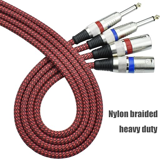 Unbalanced XLR Male to 1/4" TS Male Mono Cable, 6.6 Feet 6.35 mm Quarter Inch to 3pin XLRm Audio Cord, OFC Shield, Nylon Braided, Red Color, for Mixer/Keyboard/Electronic Drum, 2Pack