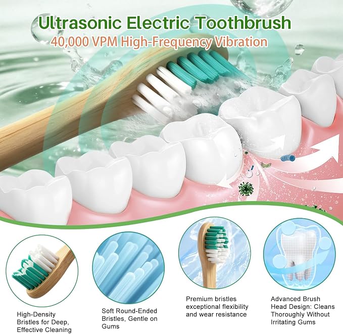 Natural Bamboo Electric Toothbrush for Adults - 4 Pack Bamboo Repalcement Brush Heads| 5 Cleaning Modes Long-Lasting Battery| PX7 Waterproof Rechargeable Toothbrush