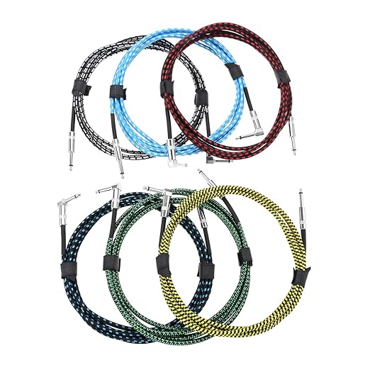 dophee 6 Pack 10ft Guitar Cable, 1/4" TS Port Instrument Bass AMP Cord for Electric Mandolin Piano Keyboard Mixer Amplifier Speaker Pro Audio (Right Angle to Straight, Multicolored)