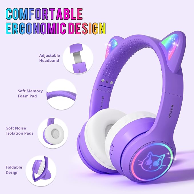 IFECCO Kids Headphones with Microphone Light Up Cat Ear Bluetooth Wireless Headset Volume-limiting for Girls Boys for School Gifts with Case