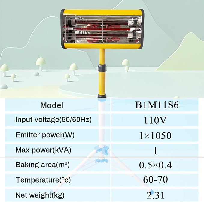 Solary Paint Drying Lamp, 1050W 110V Shortwave Infrared Paint Curing Lamp with Timer for Car Body Repair, Height Adjustable