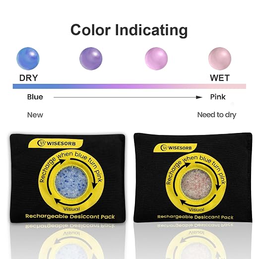 Wisesorb 100g Reusable Silica Gel Desiccant Packs, Rechargeable Dehumidifier Moisture Absorbers with Color Indicator for Bins, Gun Safes, Suitcases, 3D Printing Filaments, Electronics, Cars [3 Pack]
