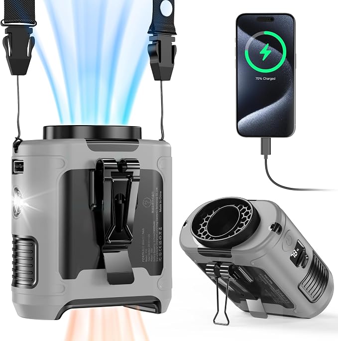 10000mAh Portable Waist Fan, Father Day Gifts for Husband Dad, Blue Collar Worker Belt Clip Fan with Light, Essentials for Camping Gardening, 40H 16000RPM Rechargeable Cooling Gadgets for Men 2026
