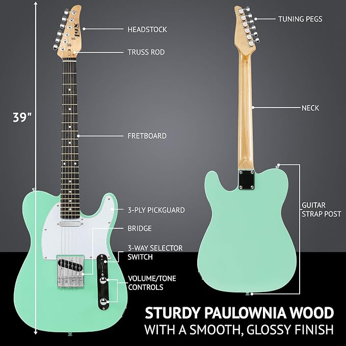 LyxPro 39” Electric Guitar TL Series, Full-Size Paulownia Wood Body, 3-Ply Pickguard, C-Shape Neck, Ashtray Bridge, Quality Gear Tuners, 3-Way Switch & Volume/Tone Controls, 2 Picks Included, Green