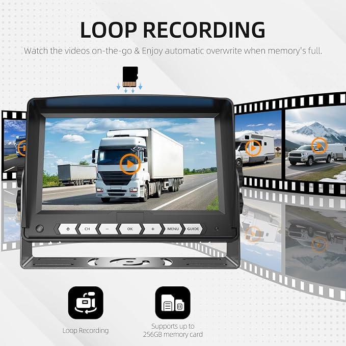 7'' Dual Camera Backup Systems with DVR Recording, IP69 Waterproof Front & Rear View Camera, Loop Recording, Split Screen, 12V-24V