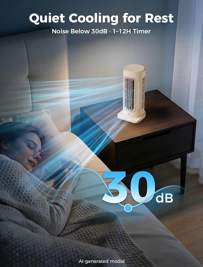 Aecooly Powerful Tower Fan for Bedroom,8000mAh Battery, 21H Max Cooling with Remote Control, 100 Speeds, 1-12H Timer, 60° Oscillation,11 Inch Portable Desk Fan for Home,Office - Beige