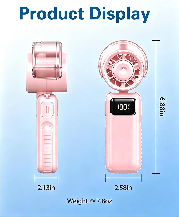 Portable Handheld Misting Fan Foldable, 6000mAh USB Rechargeable Personal Cooling Fan,5 Speed Mini Water Spray Fan,3 in 1 Hand/Desk/Neck Turbo Mist Fans for Home Outdoor Travel Beach Camping (pink)