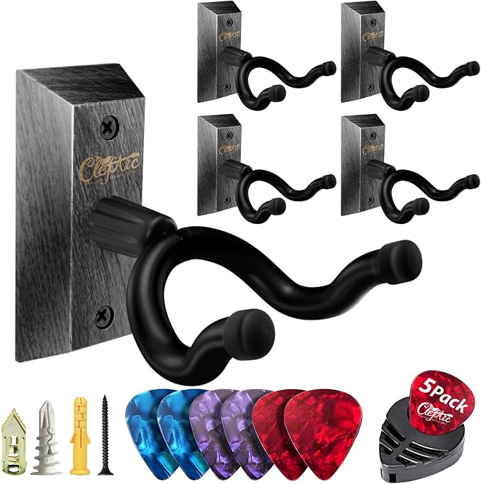 Black Guitar Wall Mount 5 Pack, Picks and Pick Holders, Black