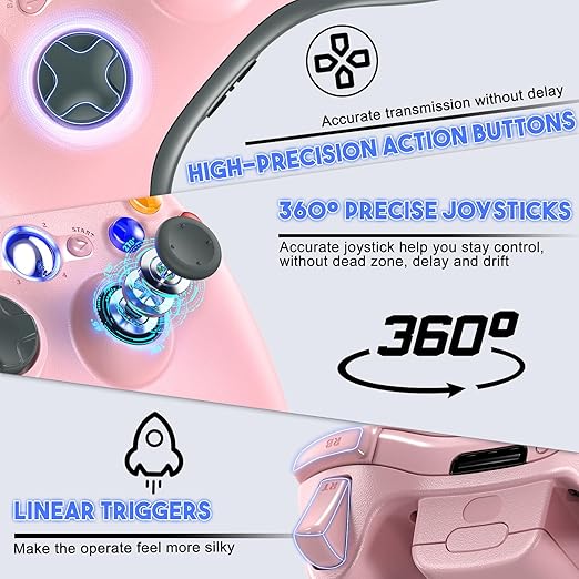 Gamrombo 2 Pack Replacement for Xbox 360 Controller, Wireless Controllers Gamepad Upgraded Joystick Compatible with 360 & Slim, Windows 11/10/8/7 PC Controller with Dual Shock (White+Pink) [microsoft_xbox_360]