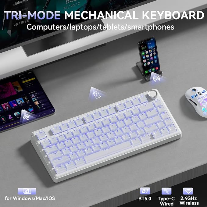 SOLAKAKA A75 Wireless Gaming Keyboard with Multifunction Knob, BT5.0/2.4GHz/USB-C, 75% Mechanical Keyboard, Hot-Swappable, Gasket Creamy Keyboard with RGB Backlit, Crystal Keycaps, for PC/Mac/PC