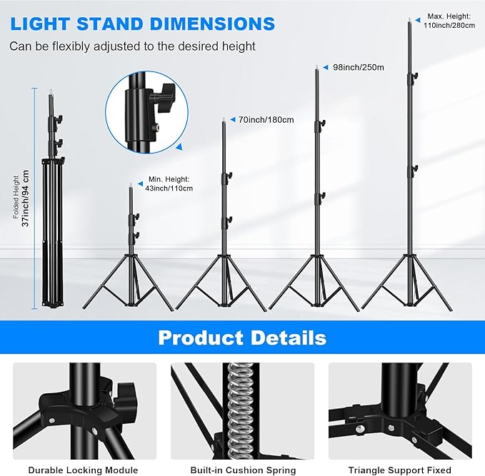 2pack Heavy Duty Light Stand 9.2ft / 110" Aluminum Spring Cushioned Tripod Lighting Stands Max Loading:10KG Adjustable 94cm-280cm with Carry Bag for Photography Softboxes Umbrella Studio Shooting