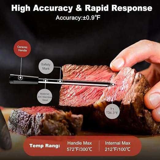 Bluetooth Meat Thermometer | Digital Wireless Meat Thermometer with Ceramic Ultra-Thin 4 Probes| Remote Range- Real time Reading | Monitor Meat Temp for BBQ Upto 300°C (572°F) App for iOS Android