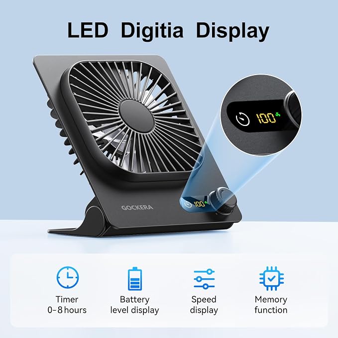 GOCKERA Desk Fan, 6.61''Ultra-thin Battery Powered Fan with Powerful Wind,100 Speeds Adjustable&Digital Display,Timer,Ultra-quiet Small Portable Fan for Bedroom,Office,Travel (Black, 2000mAh)