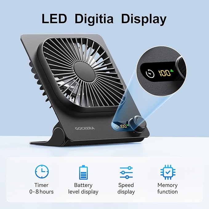 GOCKERA Desk Fan, 6.61''Ultra-thin Battery Powered Fan with Powerful Wind,100 Speeds Adjustable&Digital Display,Timer,Ultra-quiet Small Portable Fan for Bedroom,Office,Travel (Black, 5000mAh)