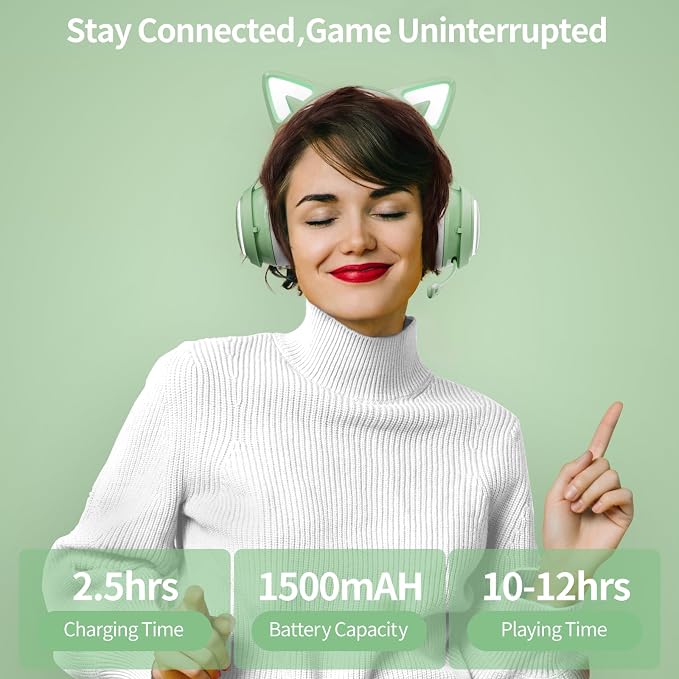 EASARS Cat Ear Headphones, Gaming Headset (Wireless, Green)
