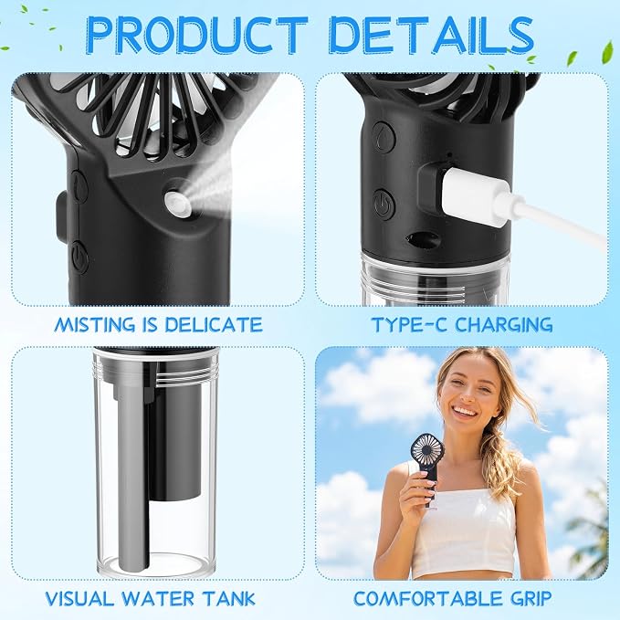 6 Pack Misting Fan Portable Mini Handheld Rechargeable Fans with 4 Speeds Water Spray Fan Personal Cooling Fans for Travel Camping Outdoor Home Office Makeup Commute (Black)