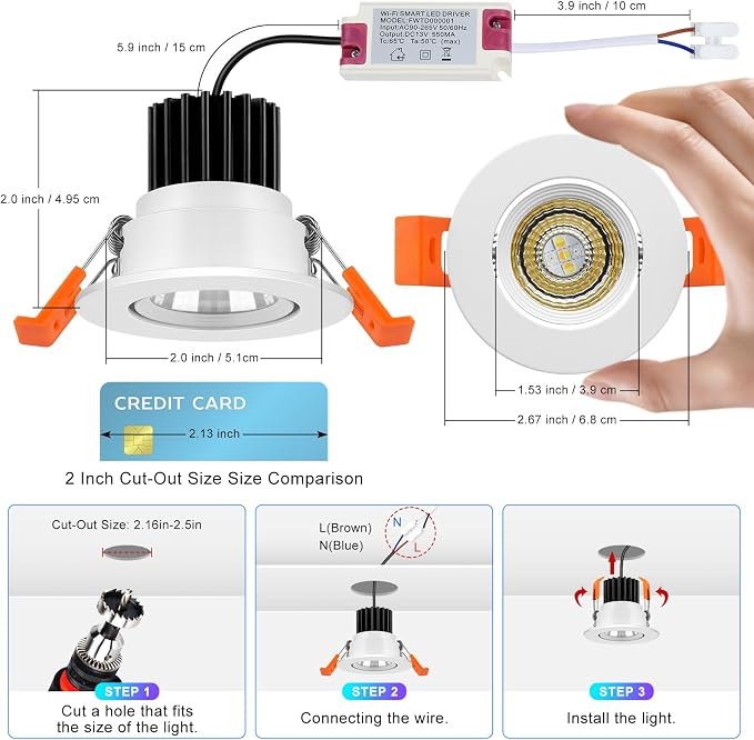 2 Inch Smart Recessed Lighting, 5W WiFi Recessed LED Lights, Dimmable RGB Color Changing & CCT 2700K–6500K, Compatible with Alexa & Google Home, Canless Smart Ceiling Light with Driver (4 Pack)