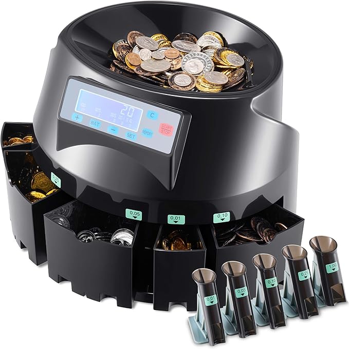 VEVOR USD Coin Counter with LCD Display, Precise Coin Counting and Sorter Machine - Sorts up to 300 Coins/min into Coin Wrappers, Compact Digital Change Counter Included 5 Coin Bins & 5 Tubes