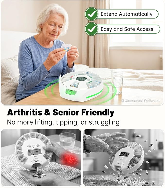 Automatic Pill Dispenser with 21 Individual Pods for Fresh Storage, Seniors-Friendly Smart Medication Organizer with Alarm & Light Alerts, Key Lock for Multiple Vitamins, Supplements, Prescriptions