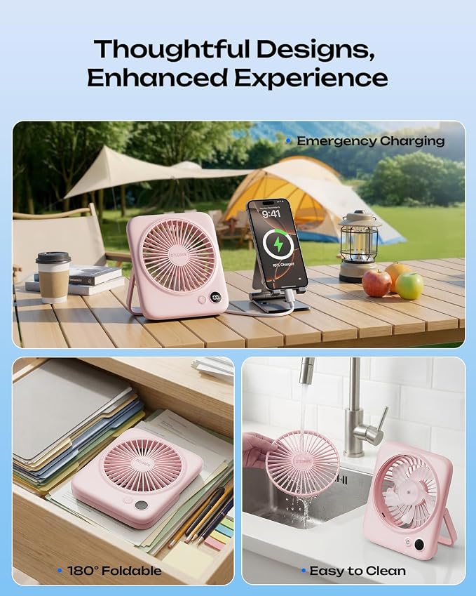 Otlonpe Portable Desk Fan 6.5 Inch, 4000mAh Rechargeable Battery Operated & USB Powered, 23Hrs Cordless Small Personal Fan 4-Speed Quiet for Office Travel Home Sleeping, Led Display, Foldable (Pink)