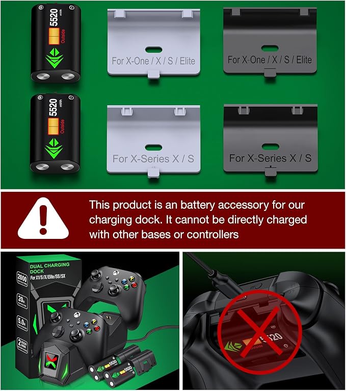 Controller Rechargeable Battery Pack - 2X5520mWH Xbox Battery Pack for Xbox One/Series X/S,Xbox One S/X/Elite, Xbox Controller Battery Pack with 4 Battery Covers,Without Base